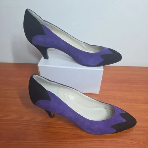 Siamanto Vintage Black & Purple Pumps Sz 6 EUC 80s Quirky Dynasty Almond Toe - Picture 4 of 11